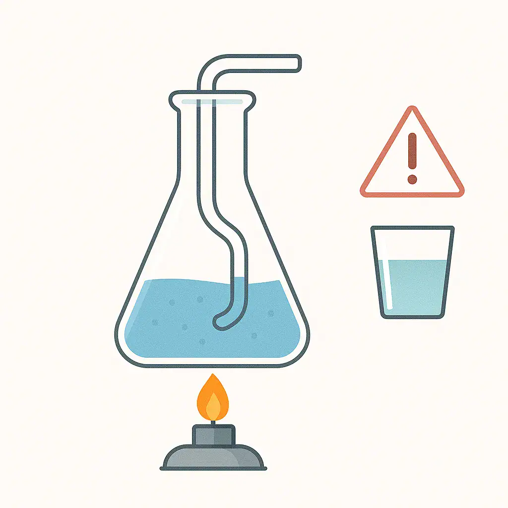 Illustration of a laboratory flask with liquid, a warning sign, and a glass of water, emphasizing lab safety precautions.
