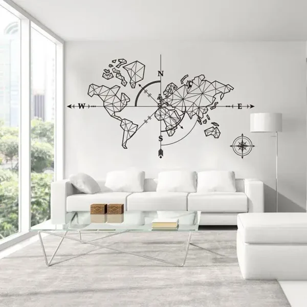 Modern geometric world map wall art with compass design, perfect for contemporary home decor.