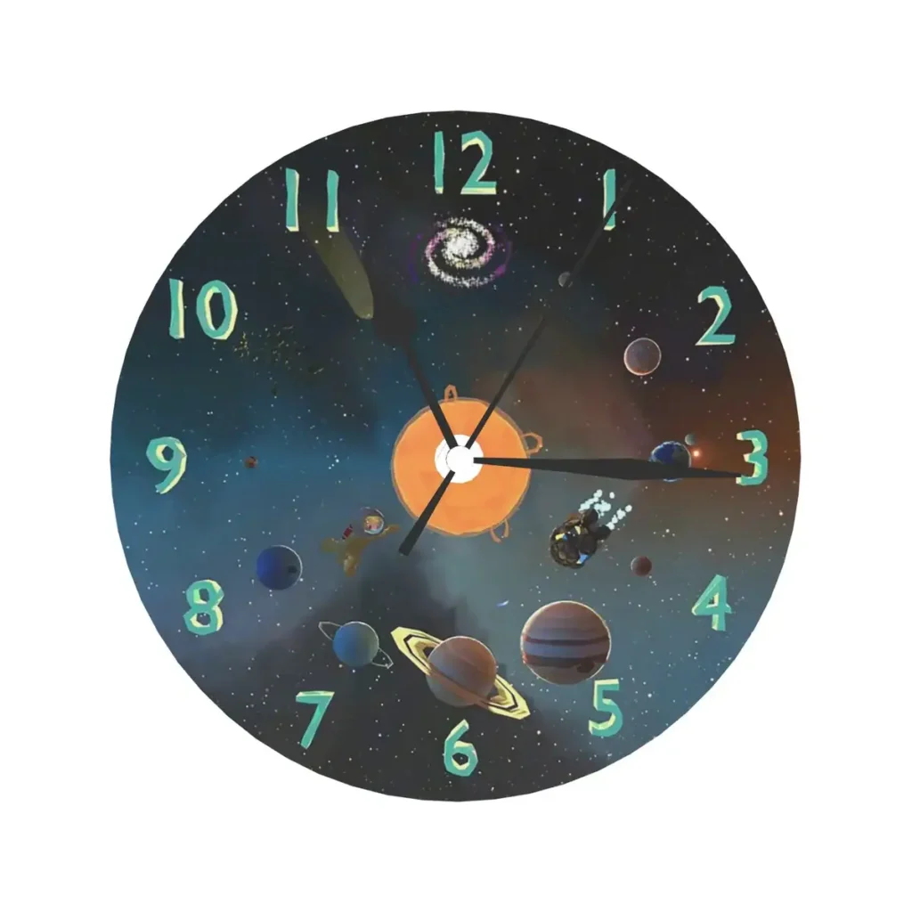 Astronomy-themed wall clock with planets and galaxy design, perfect for science enthusiasts and educational spaces.