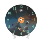 Space-themed wall clock featuring planets, stars, and galaxy artwork, perfect for science decor and educational settings.