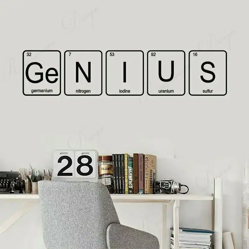 Germanium, nitrogen, iodine, uranium, sulfur periodic table tiles on wall. Educational display of periodic table tiles featuring elements germanium, nitrogen, iodine, uranium, and sulfur in a modern classroom or lab setting.