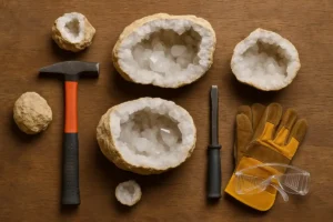Collection of geode crystals with hammers and gloves for mineral exploration and educational purposes.