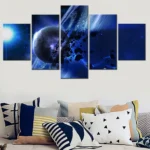 A vibrant multi-panel wall art featuring a cosmic scene with planets, stars, and nebulae, perfect for science-themed decor.