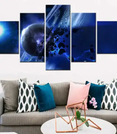 Earth and space galaxy wall art, featuring a cosmic scene with planets and stars, designed for modern home decor.