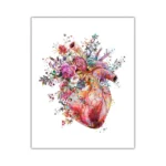 Artistic watercolor illustration of a human heart intertwined with vibrant flowers and botanical elements, blending anatomy with nature in a colorful design.