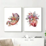 Artistic watercolor prints of a stomach and a heart, decorated with vibrant floral designs, perfect for medical or science-themed decor.