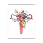 A colorful, artistic depiction of a uterus made from an array of blooming flowers and botanical elements, blending science and nature in a creative display.