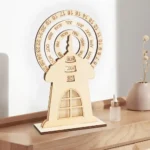 Unique wooden perpetual calendar with clock and month display, perfect for science-themed decor and educational purposes.