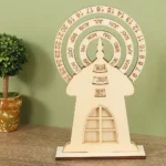 A wooden calendar clock featuring a house-shaped design with rotating month, date, and day dials, perfect for educational purposes and science-themed decor.