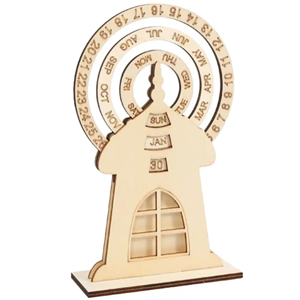 Wooden perpetual calendar with a house-shaped base and circular date and month dials, designed for educational and decorative purposes. Kids Wooden Perpetual Calendar - Image 1