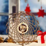 Spinning wooden vortex toy with intricate lattice design, ideal for science decor and educational purposes.