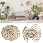 Intricate wooden Nautilus shell puzzle decor pieces, perfect for science-themed home decor and educational displays. Crafted from light-colored wood with detailed spiral design.