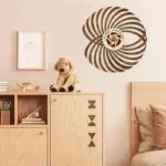 Innovative science decor featuring a wooden spiral wall art and educational toys in a cozy bedroom setting. Perfect for science enthusiasts and kids' learning spaces.