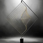 Modern wireframe geometric art sculpture with interconnected metal rods forming a dynamic, abstract shape, displayed on a sleek black stand against a neutral background.