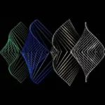 Abstract light sculpture with neon-colored geometric wireframes on a black background, creating a mesmerizing optical illusion.