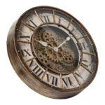 Vintage steampunk wall clock featuring Roman numerals and visible gears, perfect for science decor and educational spaces.