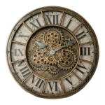 Antique-style wall clock featuring visible gears and Roman numerals, combining steampunk aesthetics with functional design. Perfect for science-themed decor and educational settings.