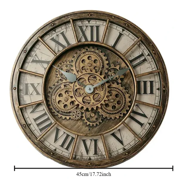Decorative steampunk-style wall clock featuring visible gears and Roman numerals, perfect for science-themed decor or educational settings.
