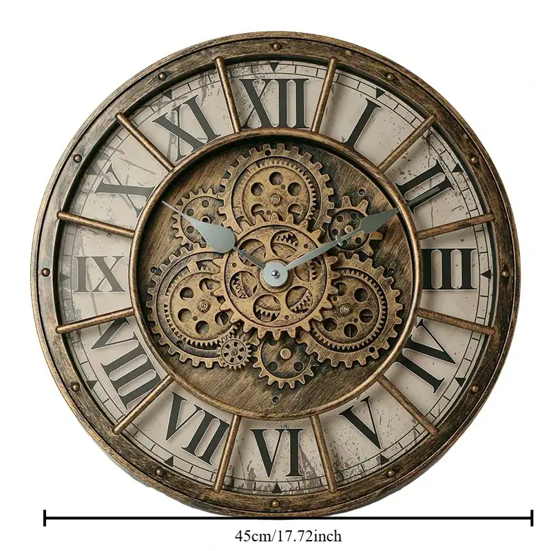 Vintage Steampunk Gear Wall Clock with Roman Numerals Decorative steampunk-style wall clock featuring visible gears and Roman numerals, perfect for science-themed decor or educational settings.