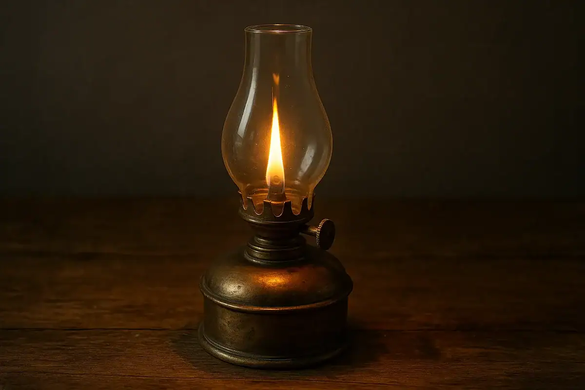 Vintage oil lantern with a glowing flame, creating a warm and nostalgic ambiance. Perfect for educational displays or decorative science-themed decor.
