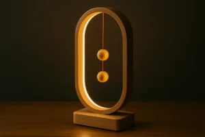 Elegant wooden pendulum clock with a minimalist design, featuring a circular frame and two hanging spheres, set against a dark background.