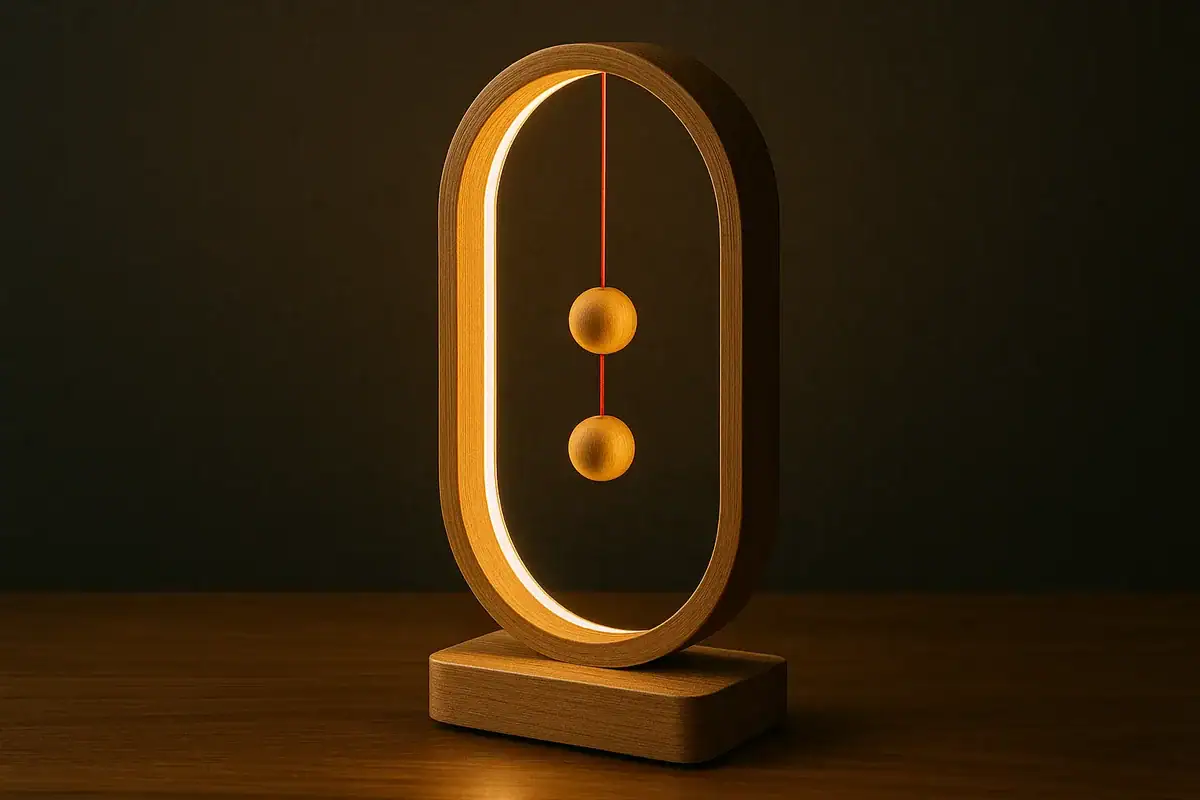 Elegant wooden pendulum clock with a minimalist design, featuring a circular frame and two hanging spheres, set against a dark background.