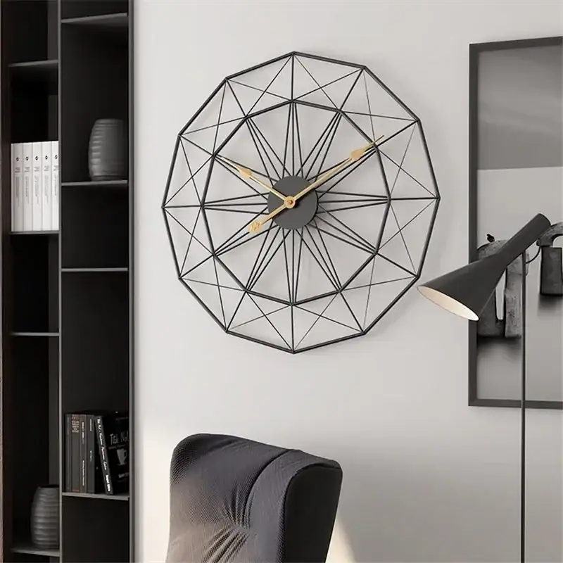 Modern Geometric Wall Clock for Home Decor Stylish geometric wall clock with black wireframe design and gold hands, perfect for contemporary home decor.