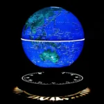 Detailed illuminated globe showing Earth's continents and oceans with a digital map overlay and a modern clock base. Perfect for educational decor and science enthusiasts.
