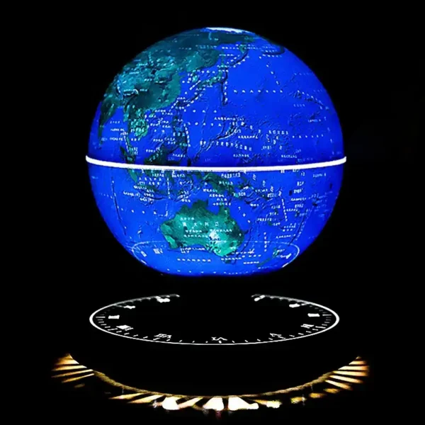 Detailed illuminated globe showing Earth's continents and oceans with a digital map overlay and a modern clock base. Perfect for educational decor and science enthusiasts.