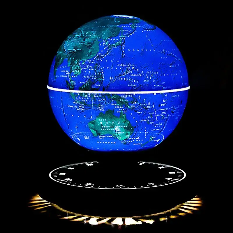Earth Globe with Digital Map and Clock Display Detailed illuminated globe showing Earth's continents and oceans with a digital map overlay and a modern clock base. Perfect for educational decor and science enthusiasts.