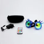 LED spiked glasses with rainbow-colored lenses and spikes, perfect for parties and costumes. Includes a remote control, carrying case, and charging adapter for fun and easy use.