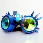 Vibrant blue steampunk goggles with colorful, reflective lenses and metallic spikes for a futuristic look.
