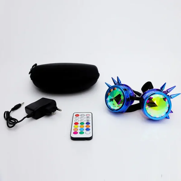 LED spiked glasses with rainbow-colored lenses and spikes, perfect for parties and costumes. Includes a remote control, carrying case, and charging adapter for fun and easy use.