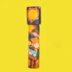 Colorful kids' science toy tube featuring sun illustrations and playful children, designed for educational fun and science learning.