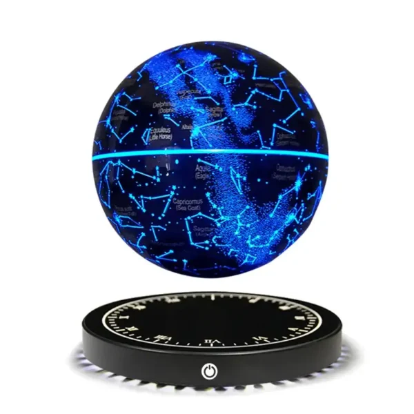 Illuminated star map globe displaying constellations and celestial labels, mounted on a sleek clock base for educational and decorative purposes.