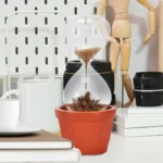 Hourglass with sand flowing into a plant pot, demonstrating the passage of time and growth.