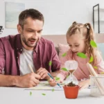 Educational science experiment with a father and daughter exploring a small plant in a pot, surrounded by science tools and green leaves, fostering curiosity and learning.
