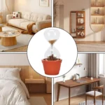 A stylish living room featuring a cozy sofa, wooden furniture, and decorative shelves, complemented by a unique hourglass-shaped plant centerpiece in a terracotta pot.