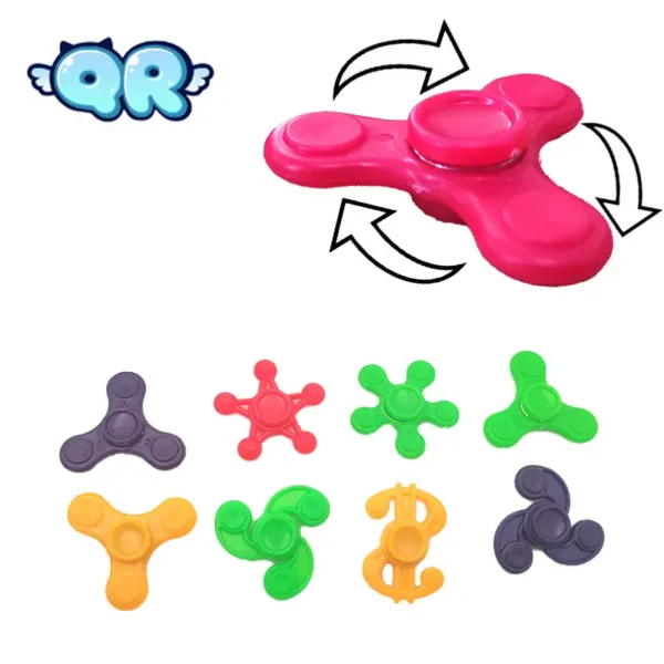 Fidget spinner toy with pink, purple, green, yellow, and orange designs, featuring various shapes and spinning mechanisms, ideal for stress relief and sensory play.