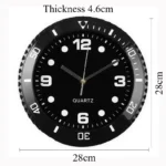 Black quartz wall clock with white numerals and markers, 28cm diameter, 4.6cm thickness, suitable for science-themed decor and educational settings.