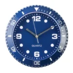 Modern blue quartz wall clock with clear white numerals and rotating bezel, ideal for science-themed decor and educational settings.