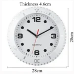 Elegant quartz wall clock with clear black numerals and hands, perfect for science-themed decor and educational settings.