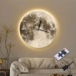 Modern moon phase wall clock with LED backlight, featuring realistic lunar surface details, perfect for science-themed decor and educational spaces.