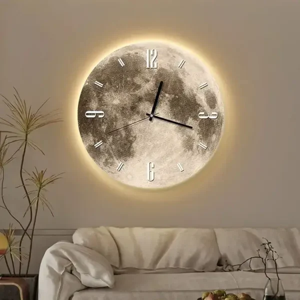 Modern moon phase wall clock with backlit illumination, perfect for home decor and educational spaces. Features a realistic lunar surface design and easy-to-read numbers.