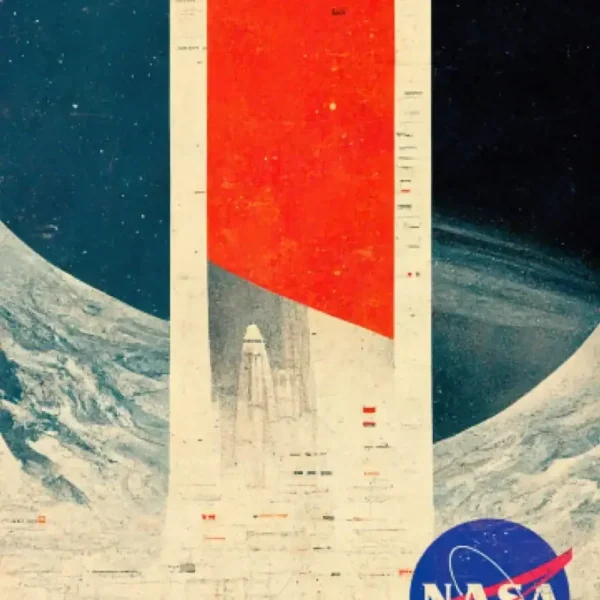 Vintage NASA space exploration chart showing spacecraft heights against a cosmic background with Earth and stars.
