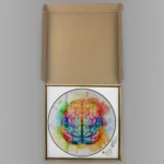 Colorful watercolor illustration of a human brain in a box.
