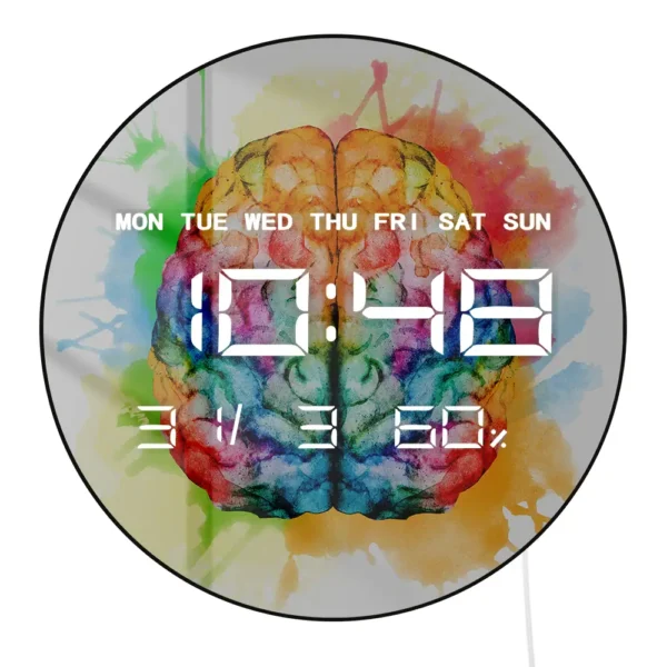 Modern digital clock designed in a brain shape with a vibrant watercolor splash background, displaying the time and date clearly for educational and decorative purposes.