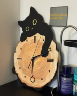 A playful black cat clock made from wood, featuring a round clock face with minimalist black hands and numbers, perfect for adding charm to any space.
