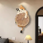 Whimsical cat-shaped wall clock featuring a playful cat design with a wooden clock face, perfect for adding charm to a home or office decor.