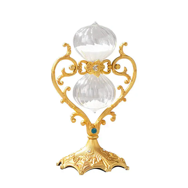 Elegant glass and gold decorative hourglass with ornate design and intricate details. Ornate glass and gold hourglass with intricate design, perfect for science decor and educational displays.